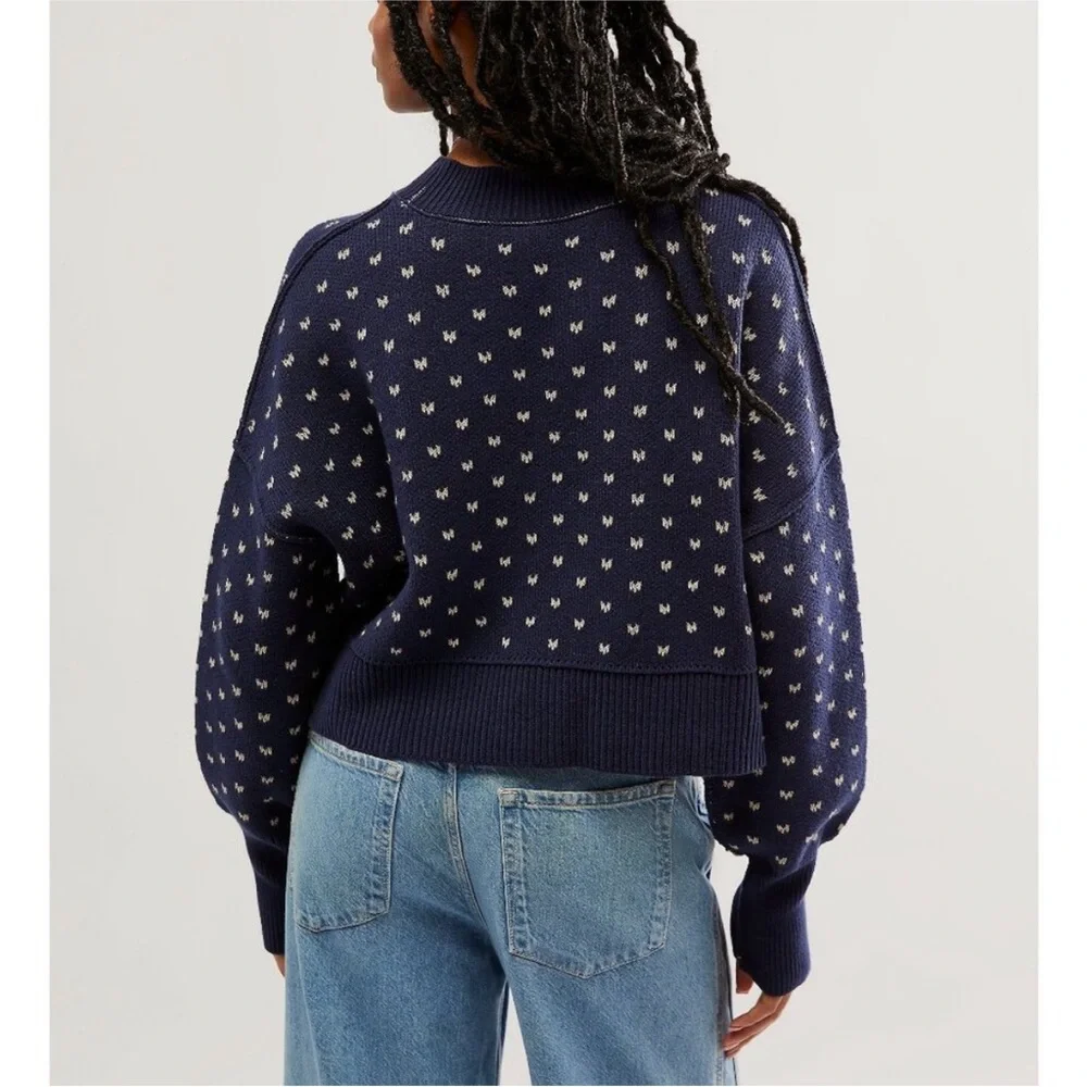 FREE PEOPLE Easy Street Patterened Crop Pullover / Navy Combo NWT
